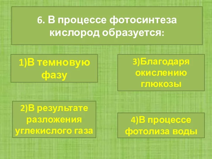 6. В процессе фотосинтеза кислород образуется: 1)В темновую фазу 4)В процессе фотолиза воды