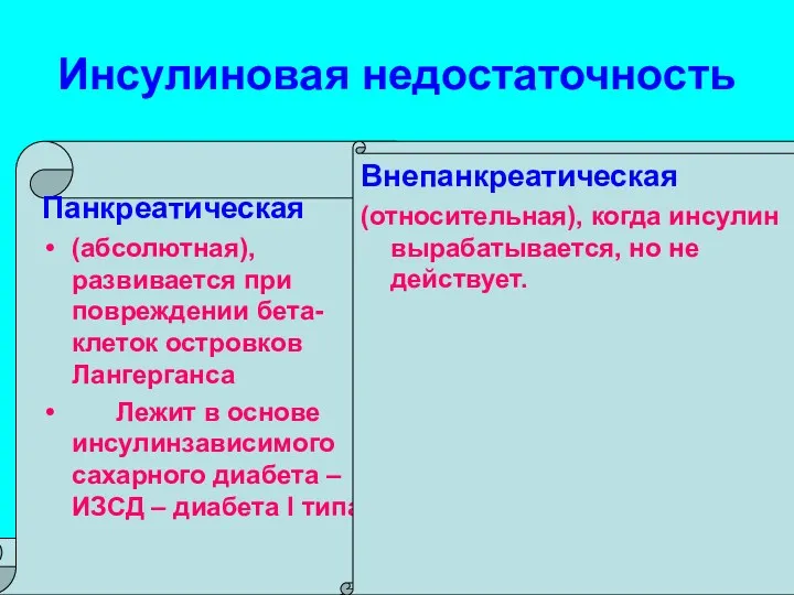 Инсулиновая недостаточность Панкреатическая (абсолютная), развивается при повреждении бета-клеток островков Лангерганса