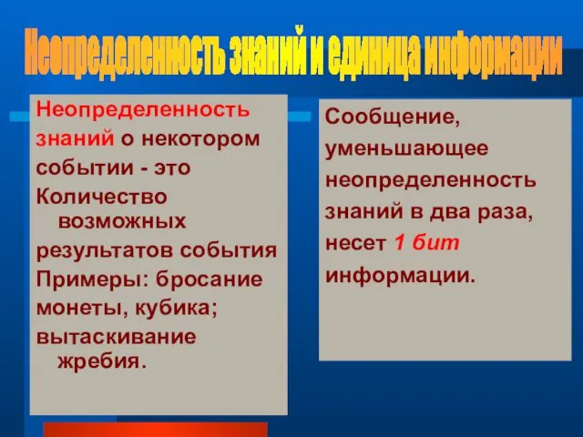 Сообщение, уменьшающее неопределенность знаний в два раза, несет 1 бит