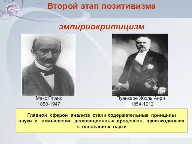 Второй этап позитивизма эмпириокритицизм Макс Планк 1858-1947 Пуанкаре Жюль Анри