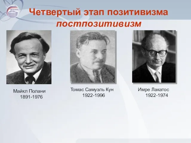 Четвертый этап позитивизма постпозитивизм Майкл Полани 1891-1976 Томас Самуэль Кун 1922-1996 Имре Лакатос 1922-1974