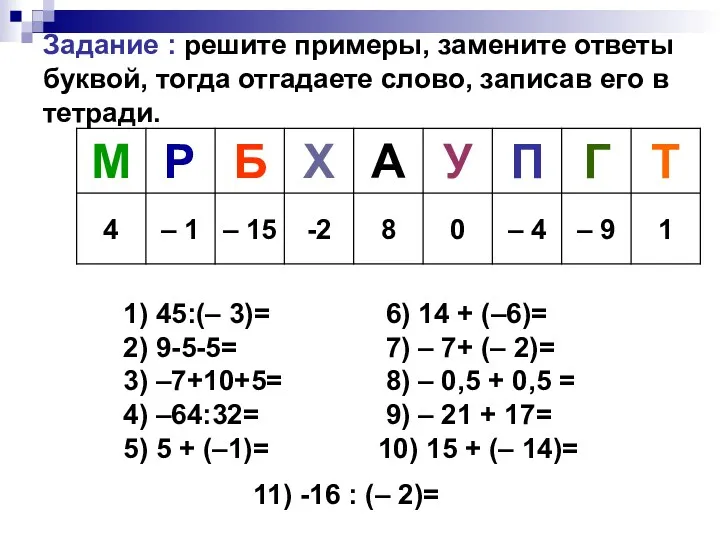 Задание : решите примеры, замените ответы буквой, тогда отгадаете слово,