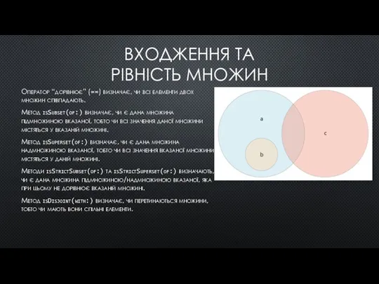 ВХОДЖЕННЯ ТА РІВНІСТЬ МНОЖИН Оператор “дорівнює” (==) визначає, чи всі