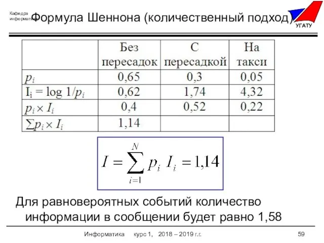 Информатика курс 1, 2018 – 2019 г.г. Формула Шеннона (количественный подход) Для равновероятных