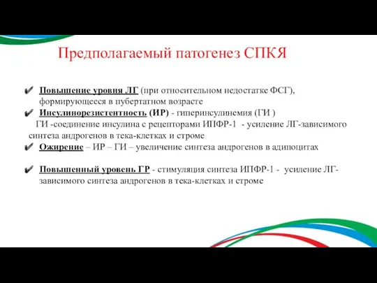 Предполагаемый патогенез СПКЯ Повышение уровня ЛГ (при относительном недостатке ФСГ),