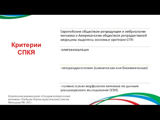 Критерии СПКЯ Клинические рекомендации «Синдром поликистозных яичников»; Одобрено Научно-практическим Советом Минздрава РФ ,2021.