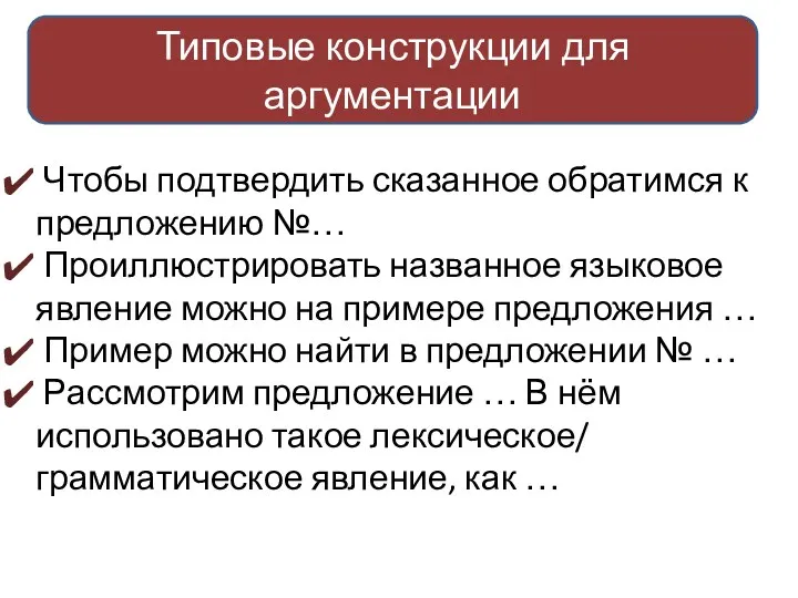 Типовые конструкции для аргументации Чтобы подтвердить сказанное обратимся к предложению