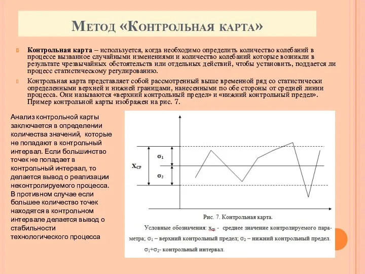 Метод «Контрольная карта» Контрольная карта – используется, когда необходимо определить количество коле­баний в