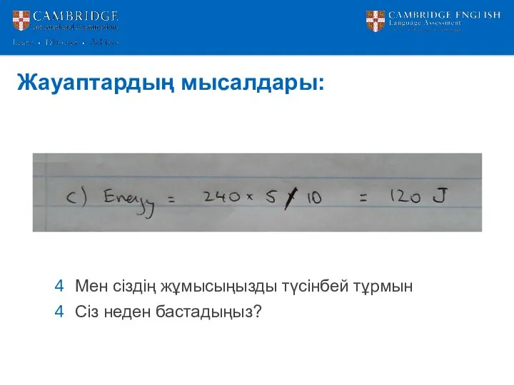 Жауаптардың мысалдары: Мен сіздің жұмысыңызды түсінбей тұрмын Сіз неден бастадыңыз?