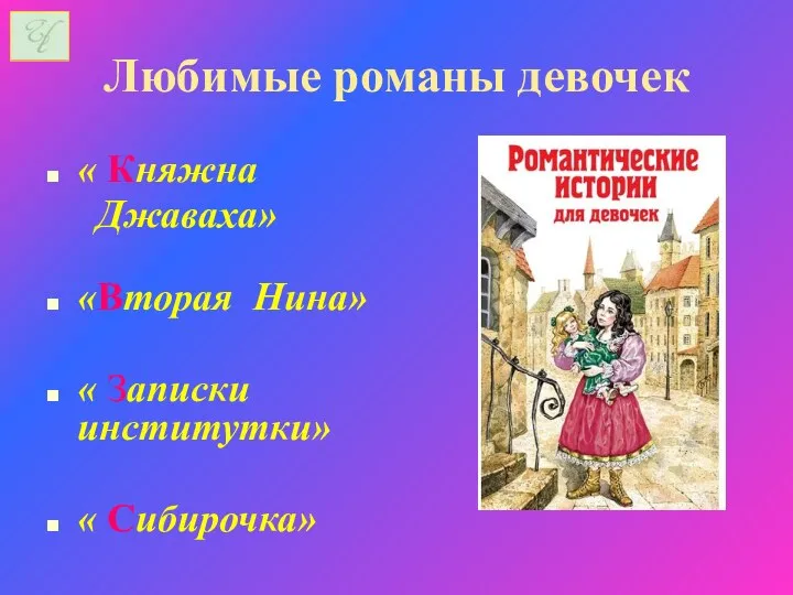 Любимые романы девочек « Княжна Джаваха» «Вторая Нина» « Записки институтки» « Сибирочка»