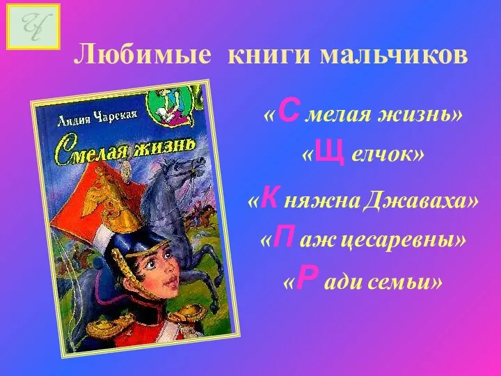 Любимые книги мальчиков «С мелая жизнь» «Щ елчок» «К няжна