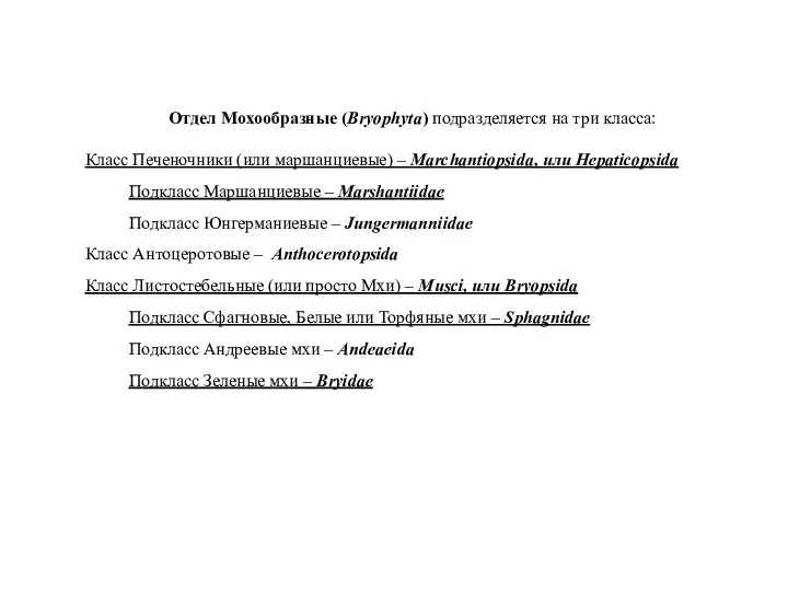 Отдел Мохообразные (Bryophyta) подразделяется на три класса: Класс Печеночники (или