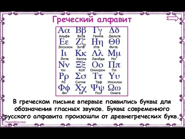 Греческий алфавит В греческом письме впервые появились буквы для обозначения