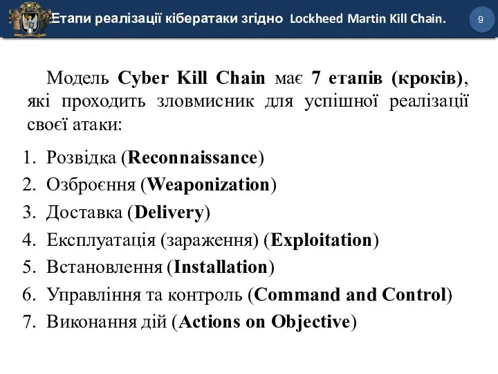 Етапи реалізації кібератаки згідно Lockheed Martin Kill Chain. 9 Модель Cyber Kill Chain