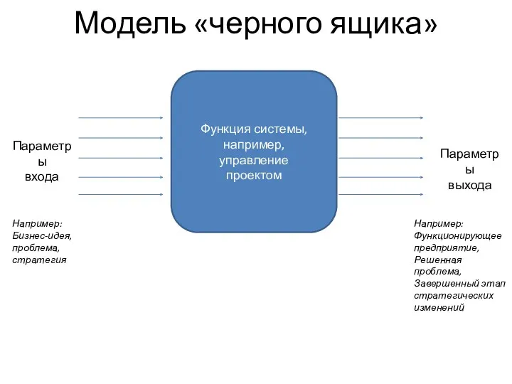 Модель «черного ящика» Функция системы, например, управление проектом Параметры входа