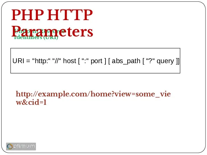Uniform Resource Identifiers (URI) PHP HTTP Parameters URI = "http:" "//" host [