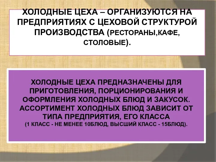 ХОЛОДНЫЕ ЦЕХА ПРЕДНАЗНАЧЕНЫ ДЛЯ ПРИГОТОВЛЕНИЯ, ПОРЦИОНИРОВАНИЯ И ОФОРМЛЕНИЯ ХОЛОДНЫХ БЛЮД