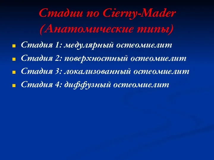 Стадии по Cierny-Mader (Анатомические типы) Стадия 1: медулярный остеомиелит Стадия