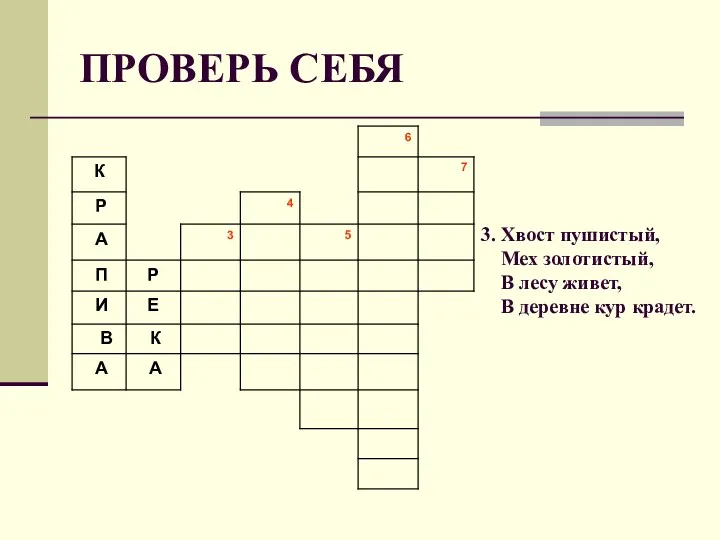 ПРОВЕРЬ СЕБЯ 3. Хвост пушистый, Мех золотистый, В лесу живет, В деревне кур крадет.