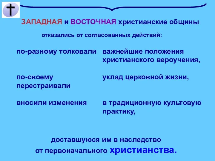 ЗАПАДНАЯ и ВОСТОЧНАЯ христианские общины по-разному толковали по-своему перестраивали вносили