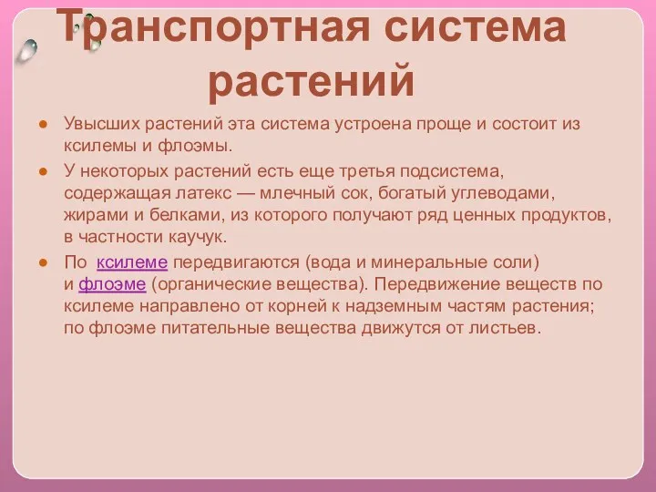 Транспортная система растений Увысших растений эта система устроена проще и состоит из ксилемы