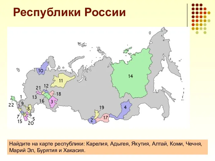 Республики России Найдите на карте республики: Карелия, Адыгея, Якутия, Алтай,