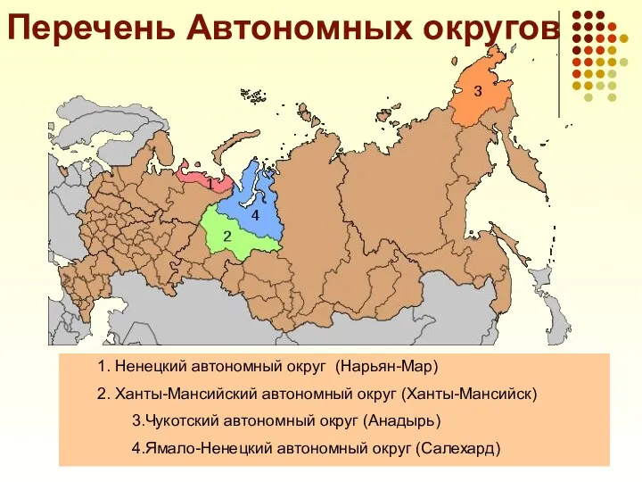 Перечень Автономных округов 1. Ненецкий автономный округ (Нарьян-Мар) 2. Ханты-Мансийский