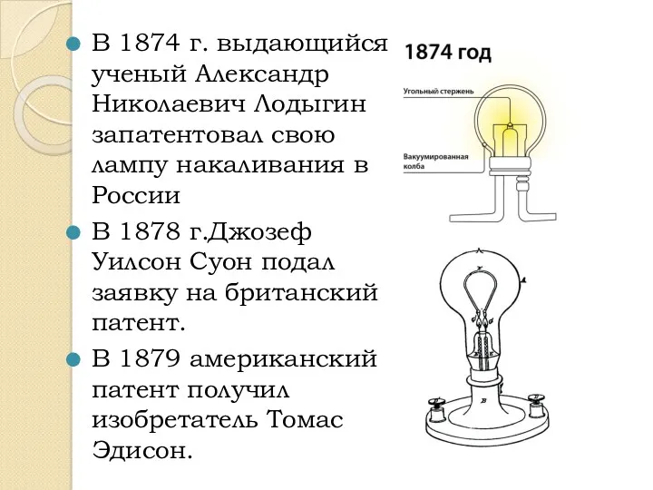 В 1874 г. выдающийся ученый Александр Николаевич Лодыгин запатентовал свою