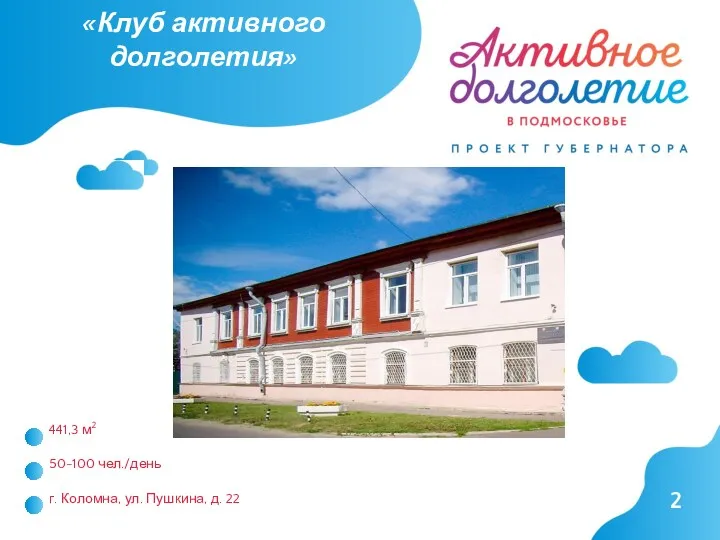 «Клуб активного долголетия» 441,3 м2 г. Коломна, ул. Пушкина, д. 22 50-100 чел./день