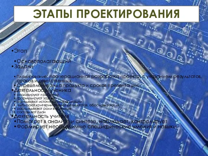 Этап Основополагающий Задачи Планирование: пооперационная разработка проекта, с указанием результатов,