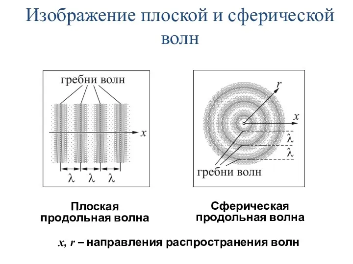 Изображение плоской и сферической волн Плоская продольная волна Сферическая продольная