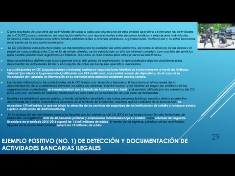 EJEMPLO POSITIVO (NO. 1) DE DETECCIÓN Y DOCUMENTACIÓN DE ACTIVIDADES BANCARIAS ILEGALES Como