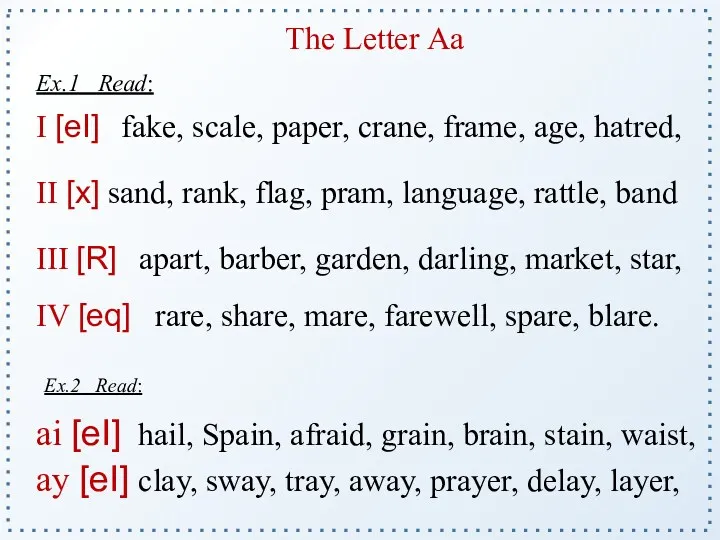 The Letter Аа Ex.1 Read: I [eI] fake, scale, paper,