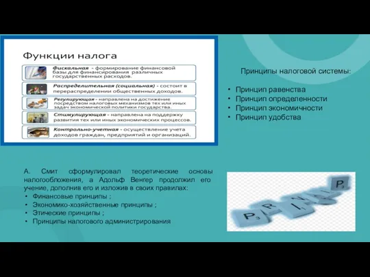 Принципы налоговой системы: Принцип равенства Принцип определенности Принцип экономичности Принцип