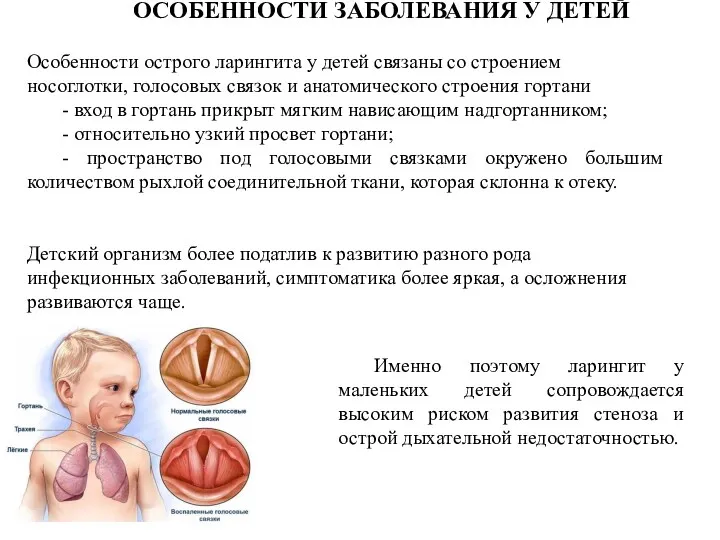 ОСОБЕННОСТИ ЗАБОЛЕВАНИЯ У ДЕТЕЙ Особенности острого ларингита у детей связаны