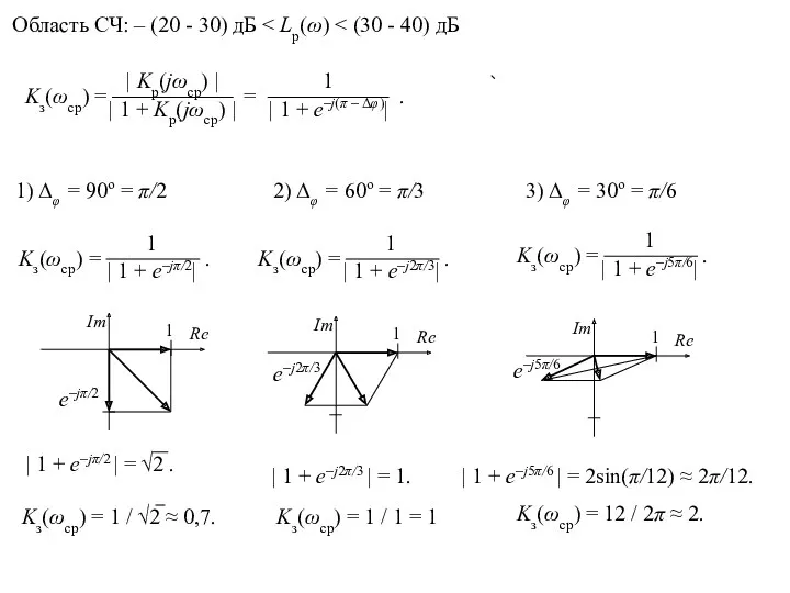 Область СЧ: – (20 - 30) дБ 1) Δφ = 90o = π/2