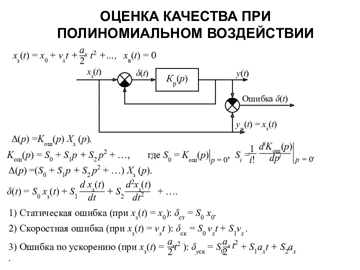 ОЦЕНКА КАЧЕСТВА ПРИ ПОЛИНОМИАЛЬНОМ ВОЗДЕЙСТВИИ xв(t) = 0 δ(t) Δ(p) =Kош(p) Xз (p).