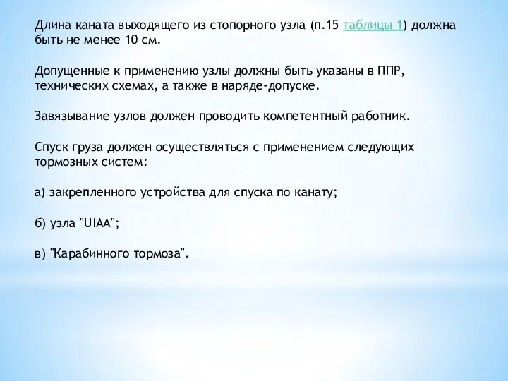 Длина каната выходящего из стопорного узла (п.15 таблицы 1) должна