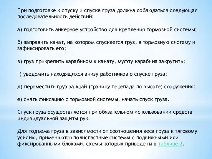 При подготовке к спуску и спуске груза должна соблюдаться следующая