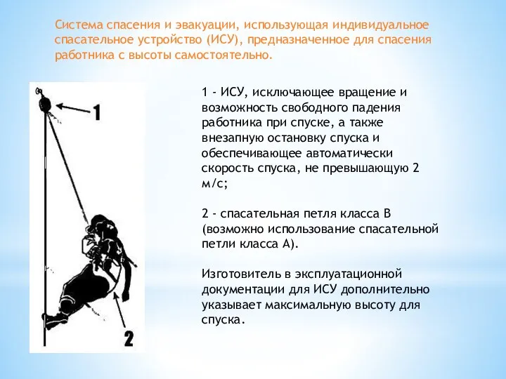 Система спасения и эвакуации, использующая индивидуальное спасательное устройство (ИСУ), предназначенное