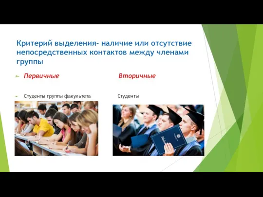 Критерий выделения- наличие или отсутствие непосредственных контактов между членами группы Первичные Вторичные Студенты группы факультета Студенты