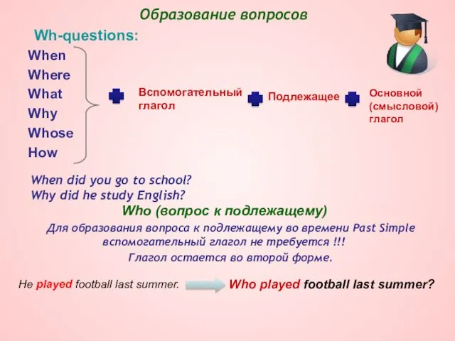Wh-questions: When Where What Why Whose How Who (вопрос к подлежащему) Для образования