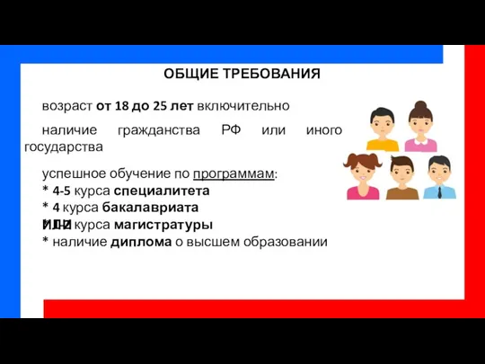 ОБЩИЕ ТРЕБОВАНИЯ возраст от 18 до 25 лет включительно наличие