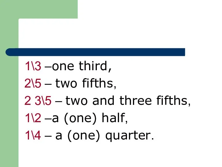 1\3 –one third, 2\5 – two fifths, 2 3\5 –