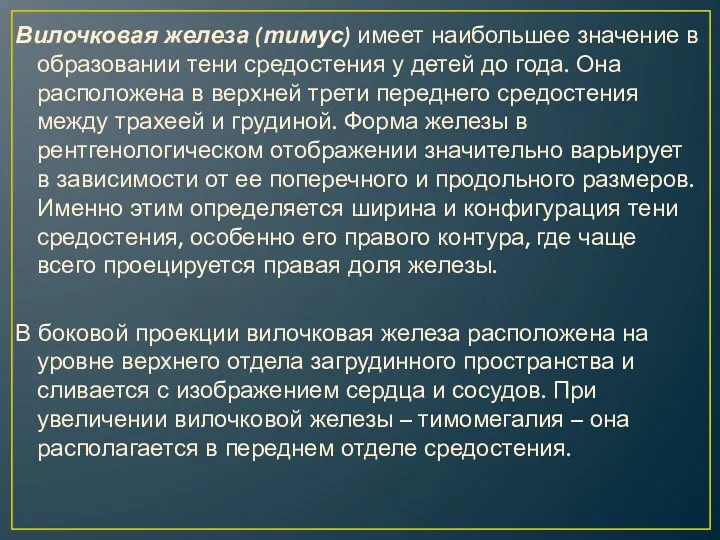 Вилочковая железа (тимус) имеет наибольшее значение в образовании тени средостения