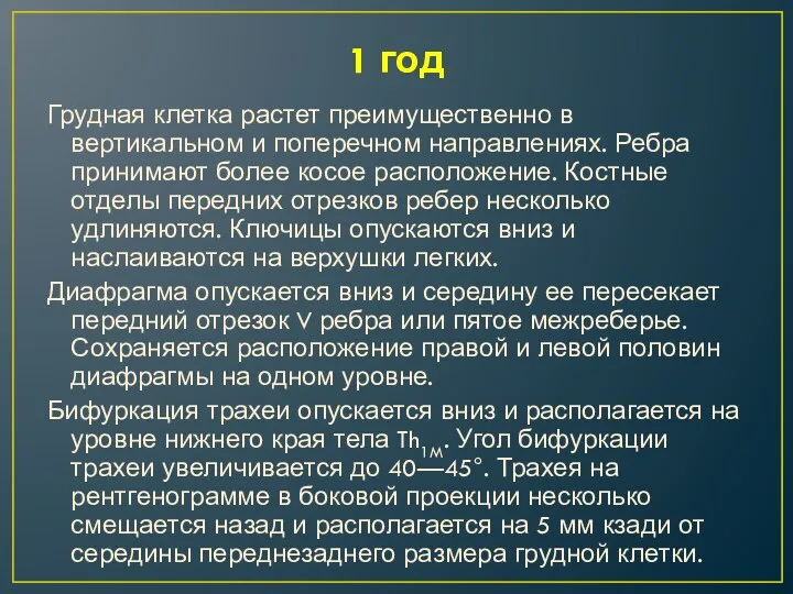 1 год Грудная клетка растет преимущественно в вертикальном и поперечном