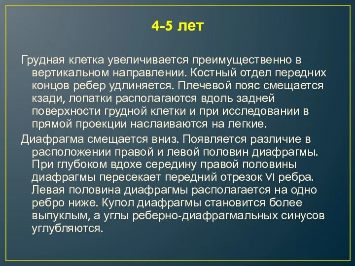 4-5 лет Грудная клетка увеличивается преимущественно в вертикальном направлении. Костный