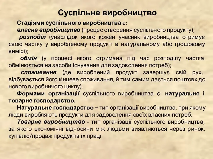 Суспільне виробництво Стадіями суспільного виробництва є: власне виробництво (процес створення