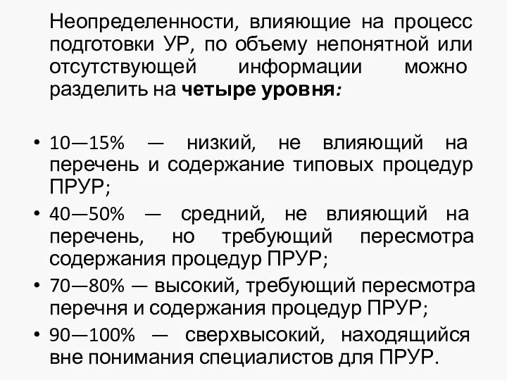 Неопределенности, влияющие на процесс подготовки УР, по объему непонятной или