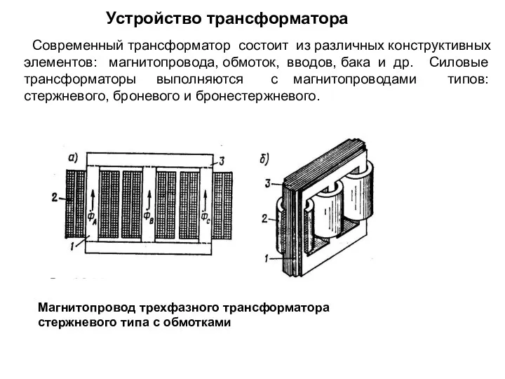 Современный трансформатор состоит из различных конструктивных элементов: магнитопровода, обмоток, вводов,